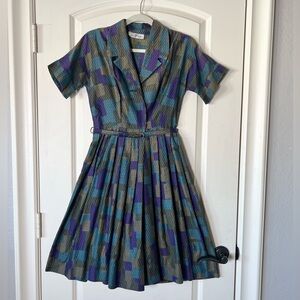 Vintage Sir Rob Mid-Century Modern Geometric Print Shirtwaist Dress | 1950s/60s